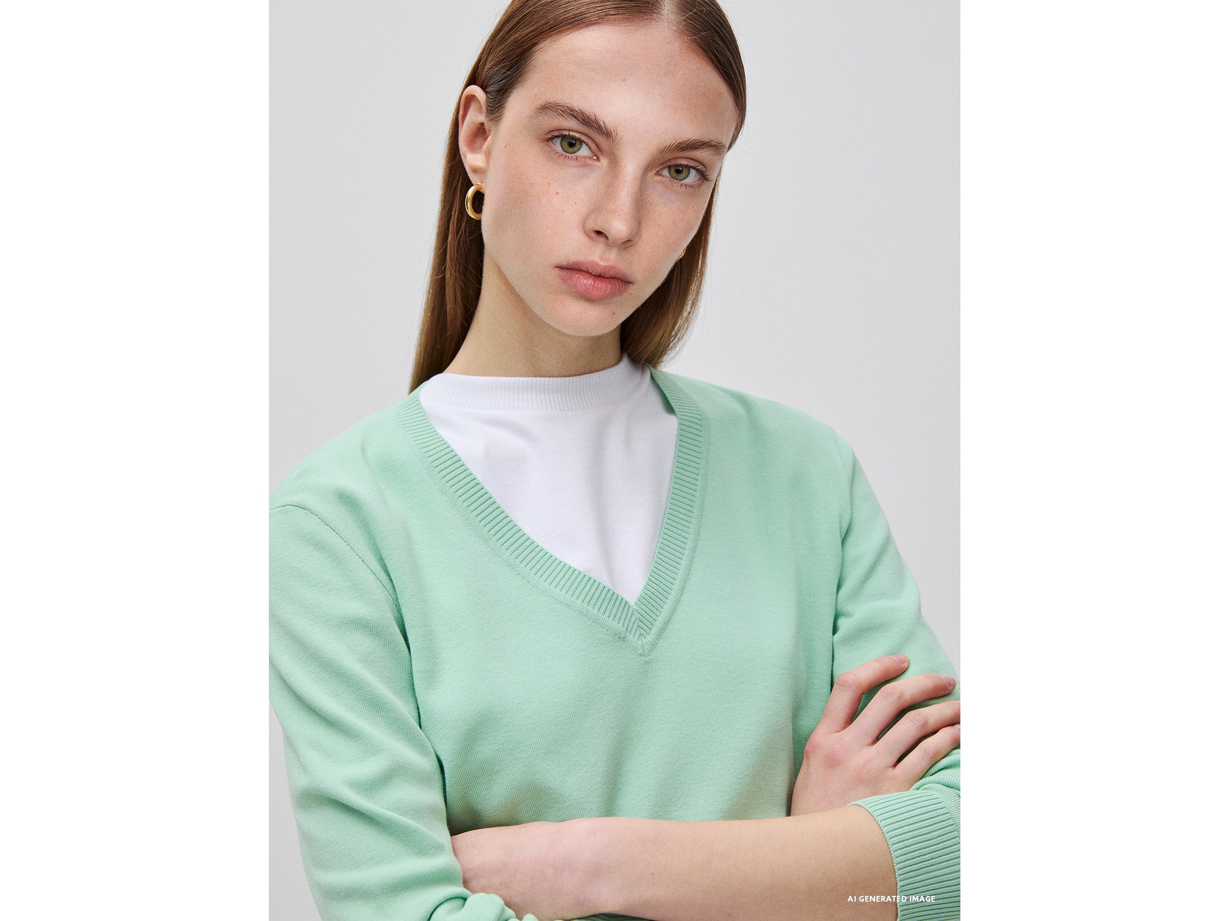 Camisola verde sálvia em algodão tricô com decote em V - ucb_image_FY