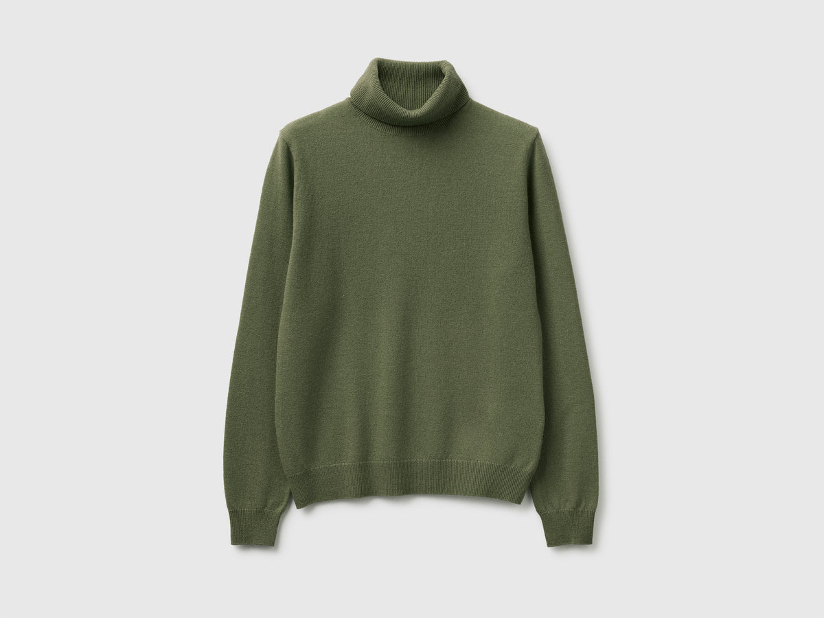 Camisola de gola alta verde militar em pura lã Merino - ucb_image_FS