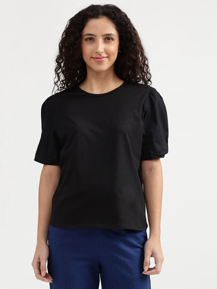 Short Sleeve Knit Woven Top With Puff Slv