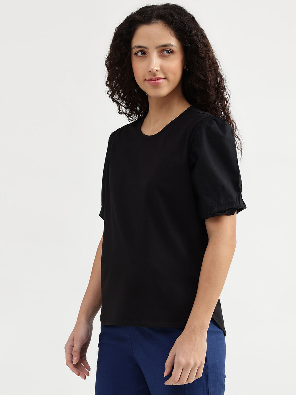 Short Sleeve Knit Woven Top With Puff Slv image number null