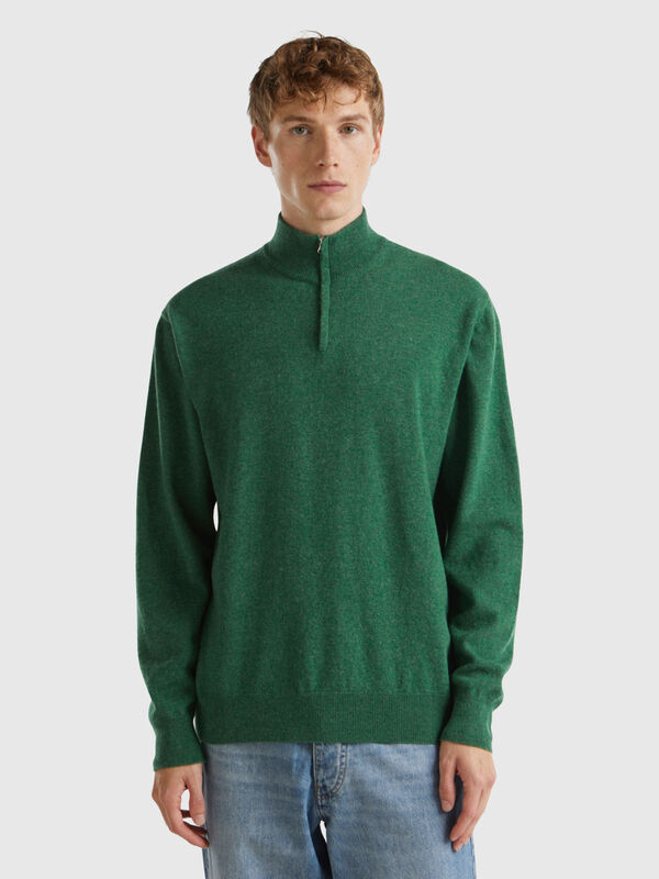 Μπλούζα με φερμουάρ πράσινο μελάνζ από 100% μαλλί Μερινό Ανδρικά