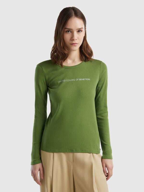 Μπλούζα μακρυμάνικη από 100% βαμβακερό πράσινο militaire Γυναικεία