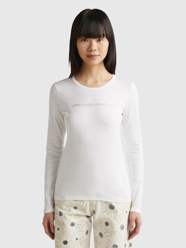 T-shirt λευκό μακρυμάνικο από 100% βαμβακερό Γυναικεία