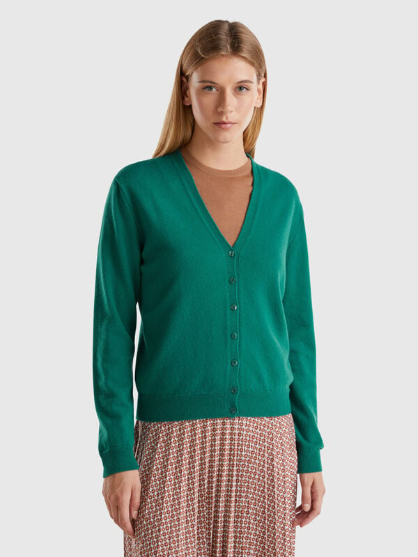 Forest green V-neck cardigan in pure Merino wool Women