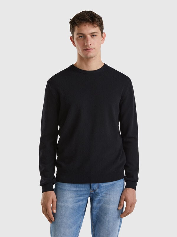 Black crew neck sweater in pure Merino wool Men