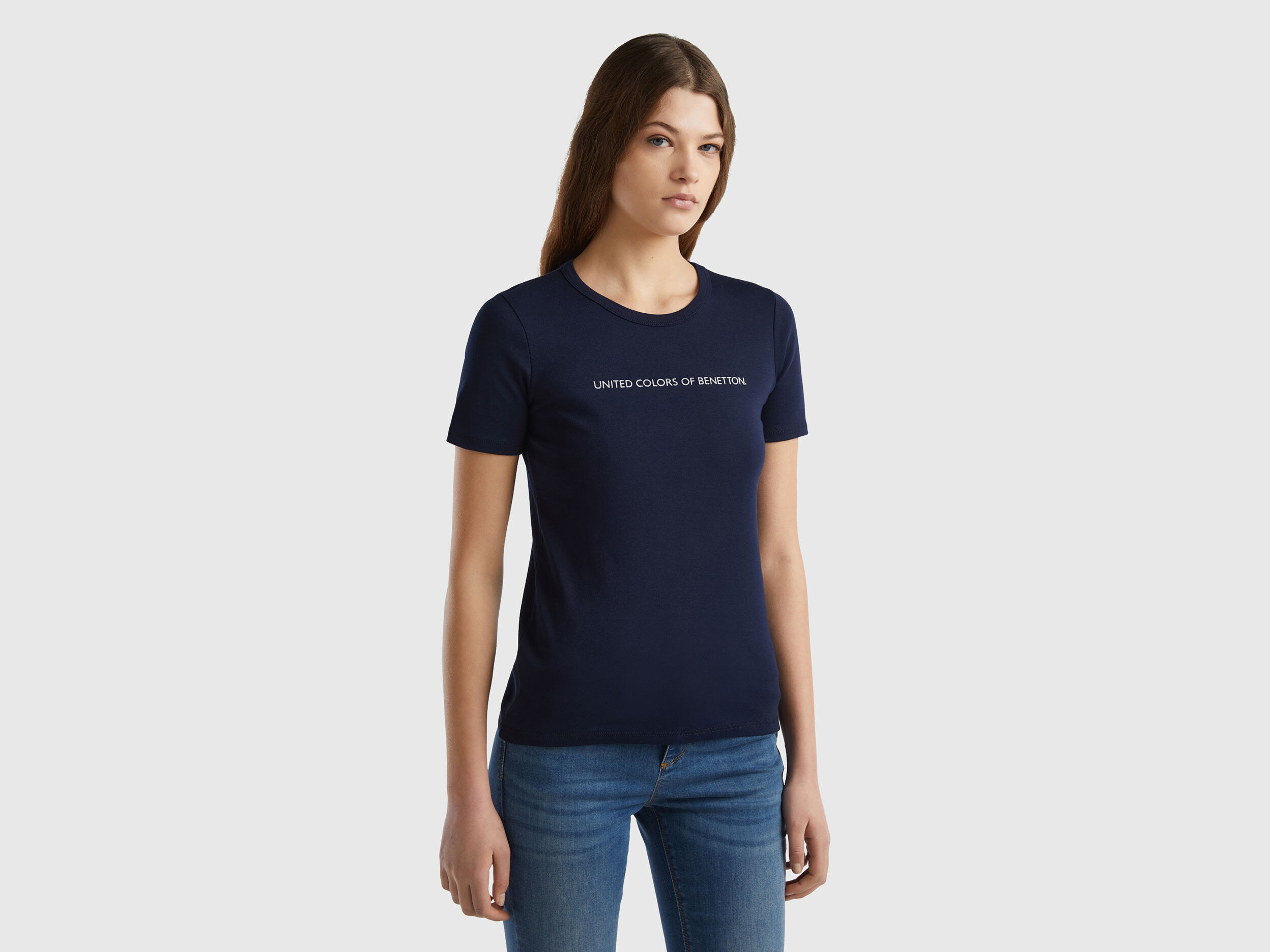 T shirt in 100 cotton with glitter print logo Dark Blue Benetton