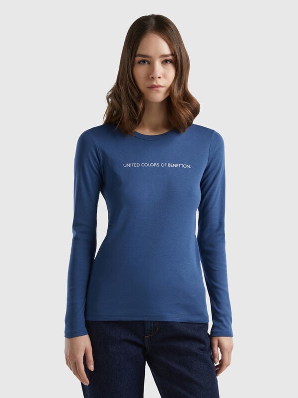 Μπλούζα μακρυμάνικη από 100% βαμβακερό μπλε ραφ Γυναικεία