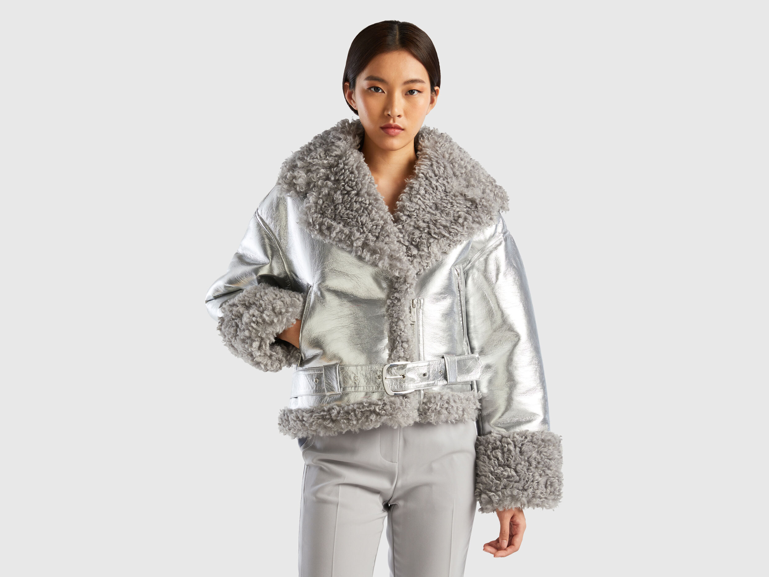 Biker jacket in imitation leather and faux fur Silver Benetton
