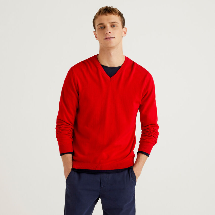 Pure cotton sweater with V-neck
