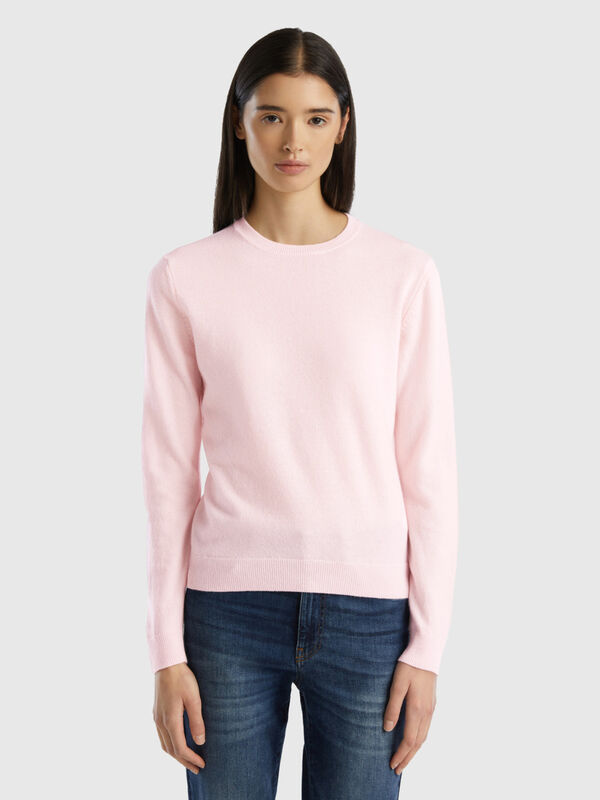 Μπλούζα με λαιμόκοψη ανοιχτό ροζ από μαλλί Μερινό Γυναικεία