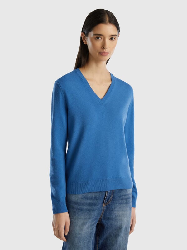 Μπλούζα με V λαιμόκοψη μπλε από αγνό μαλλί Μερινό Γυναικεία