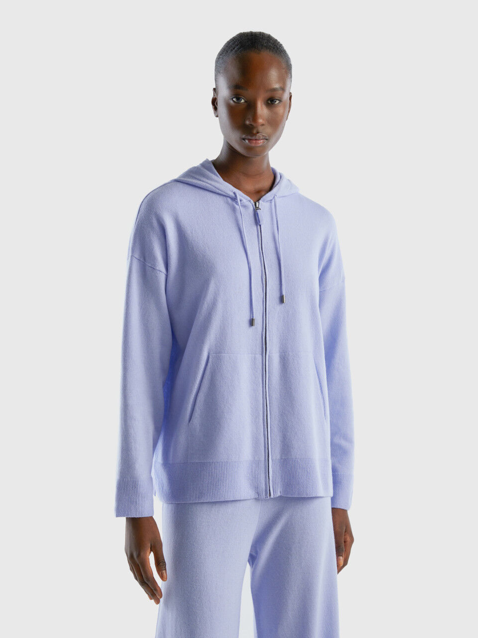 Light blue sweater in cashmere blend with hood