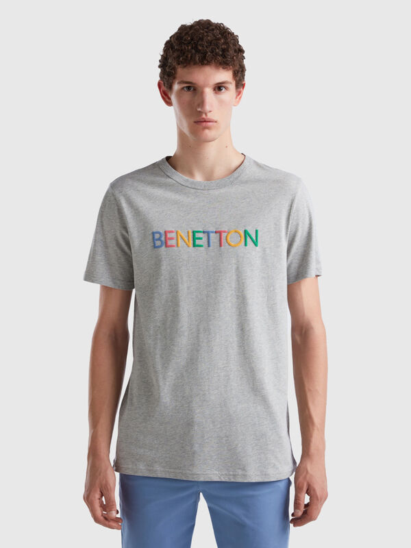 Gray t-shirt in organic cotton with multicolored logo Men