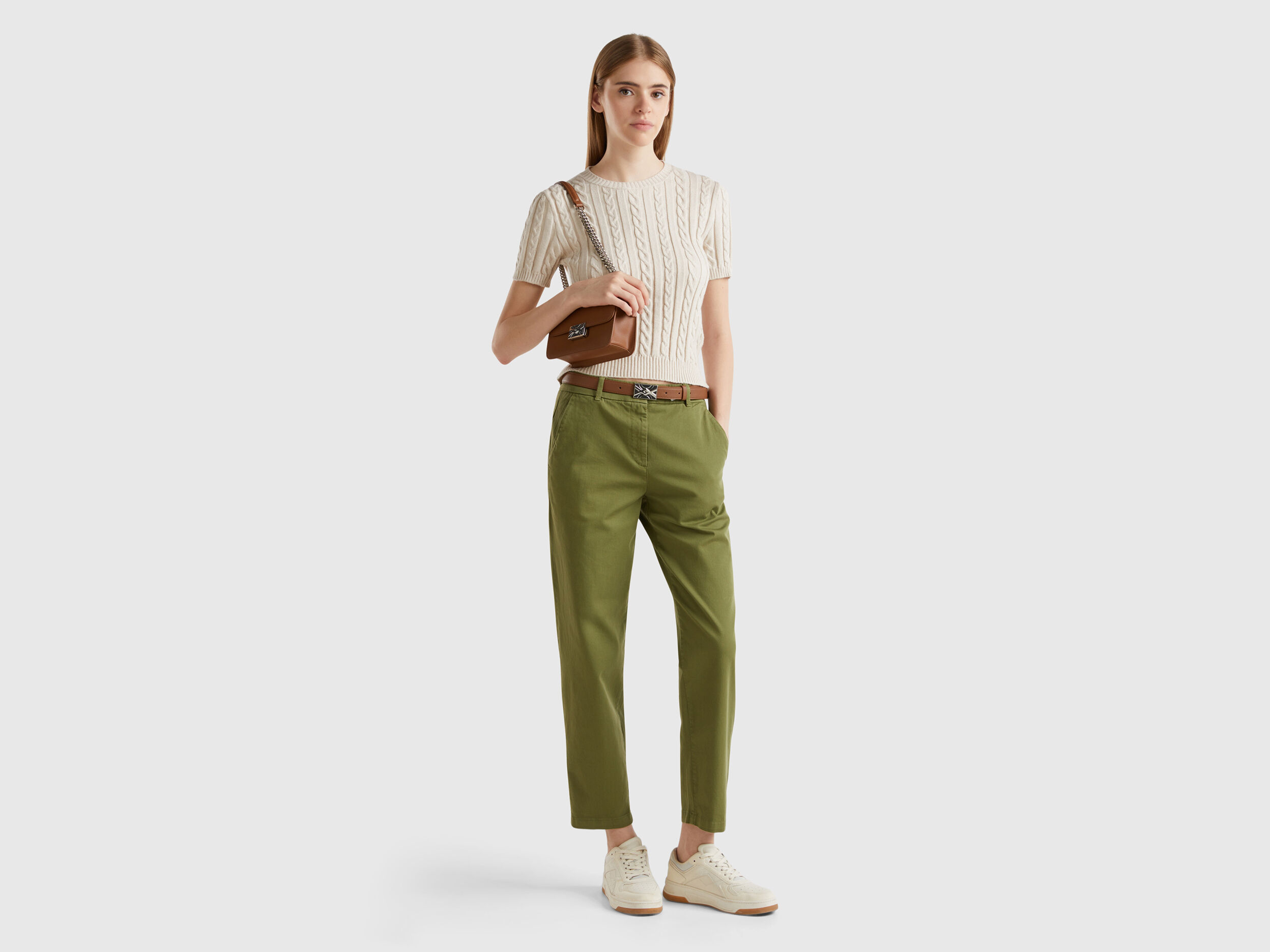 Stretch cotton chino trousers - Military Green | Benetton