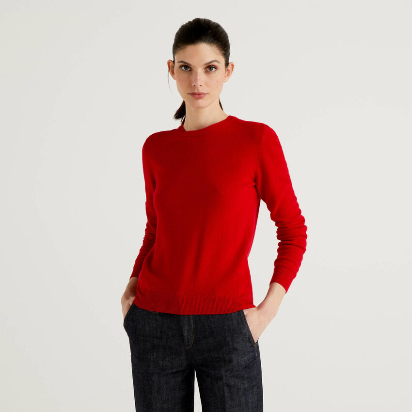 Μπλούζα με λαιμόκοψη κόκκινη από μαλλί Merino