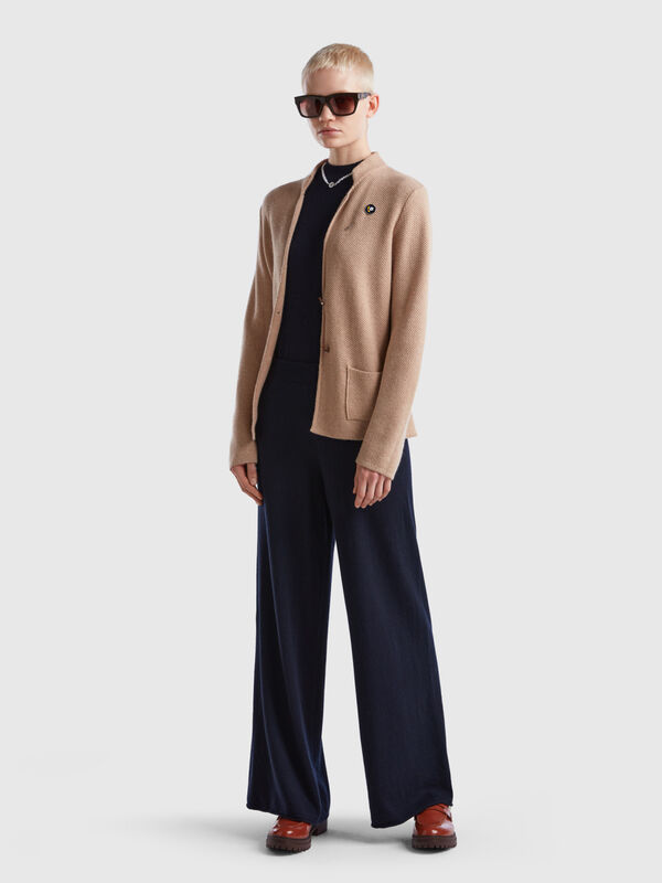 Dark blue wide leg trousers in cashmere and wool blend