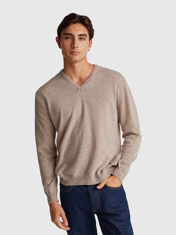 Brown mélange V-neck sweater in pure Merino wool Men
