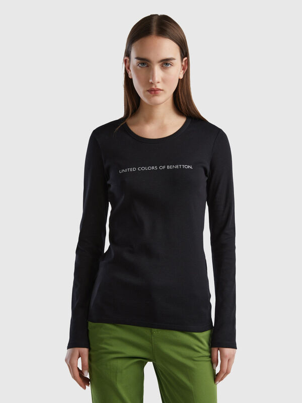 T-shirt μαύρο μακρυμάνικο από 100% βαμβακερό Γυναικεία