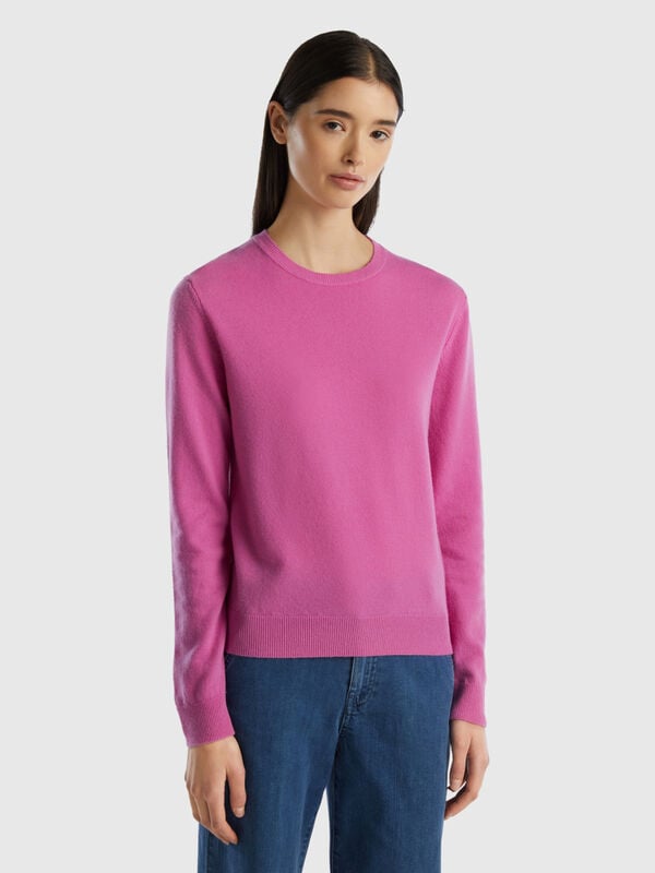 Μπλούζα με λαιμόκοψη σκούρο ροζ από μαλλί Μερινό Γυναικεία