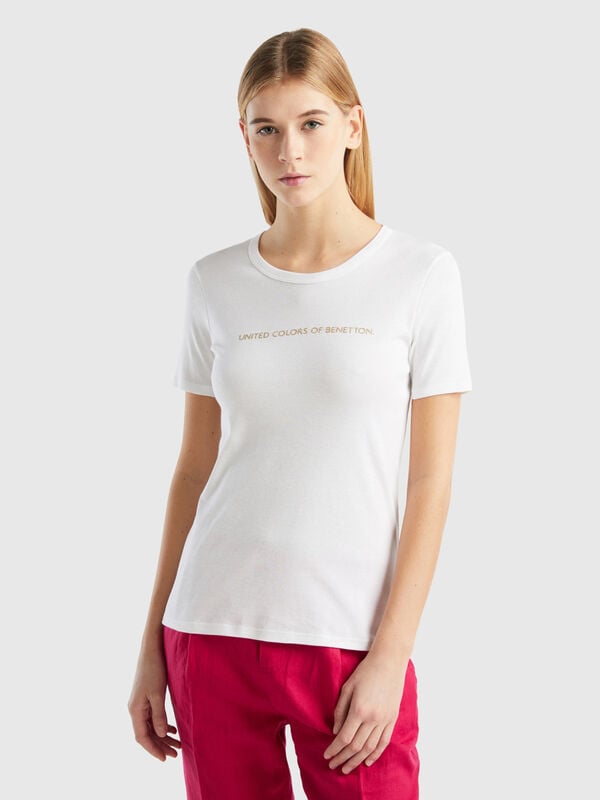T-shirt 100% βαμβακερό με glitter τύπωμα λογότυπο Γυναικεία