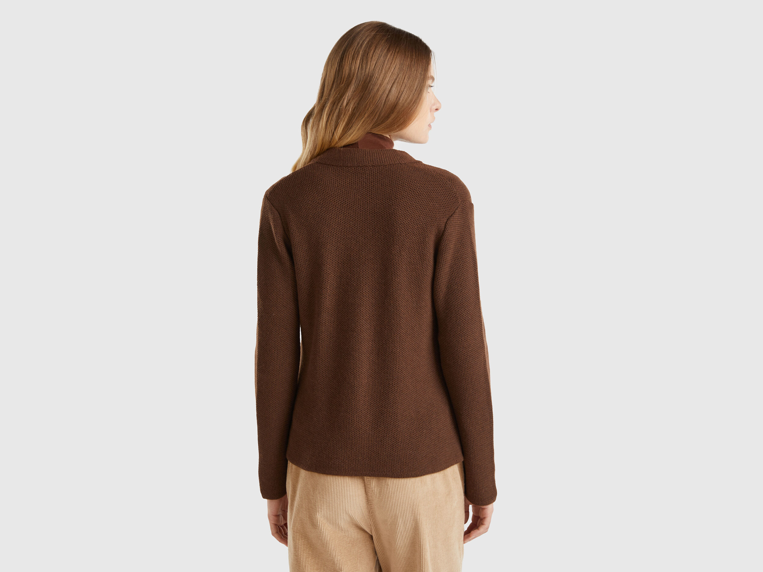 Knit jacket in wool and cashmere blend Dark Brown Benetton