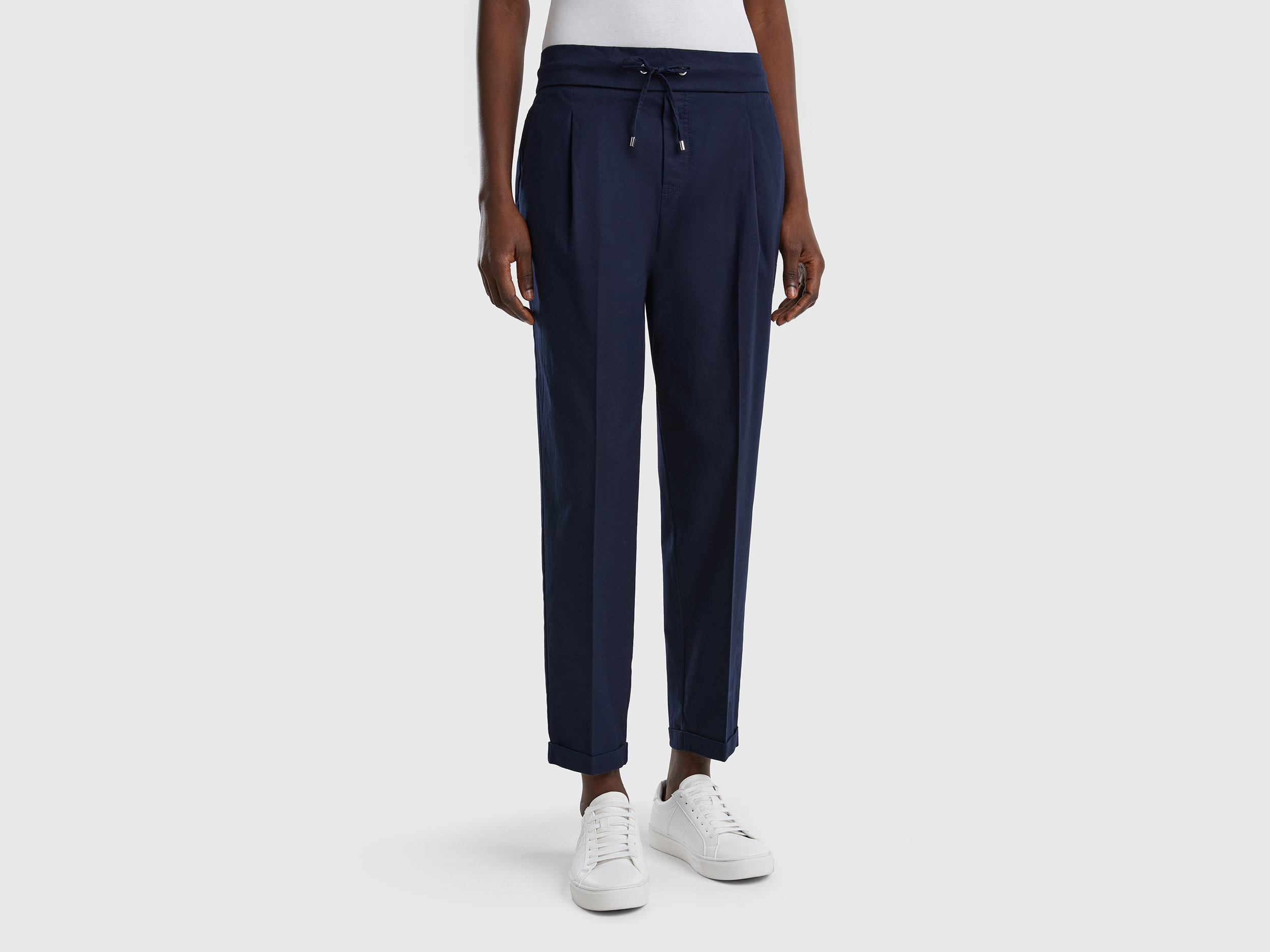 Benetton, Joggers In Cotone Elasticizzato, Blu Scuro, Donna