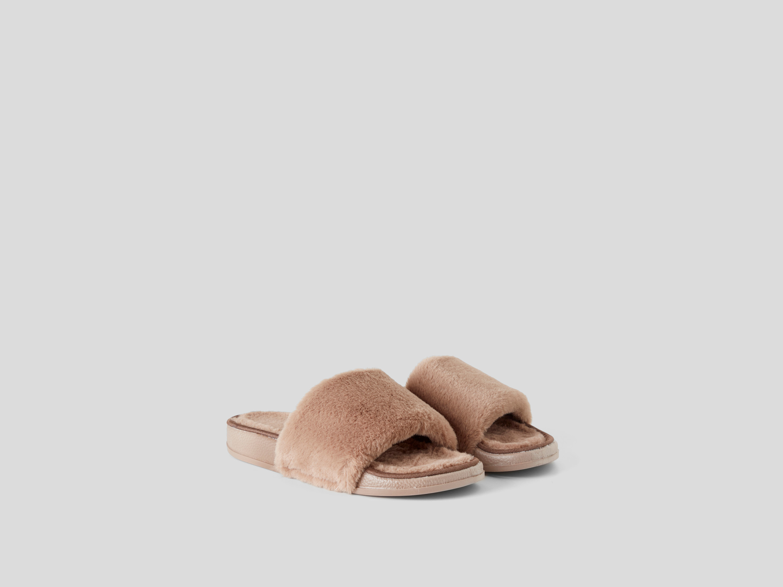 Benetton, Open Slippers In Faux Fur, Taglia 2,5, Brown, Women